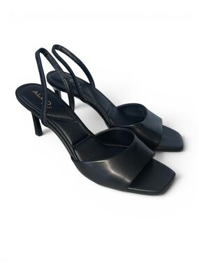 Aldo Black Leather Square-Toe Slingback Heels